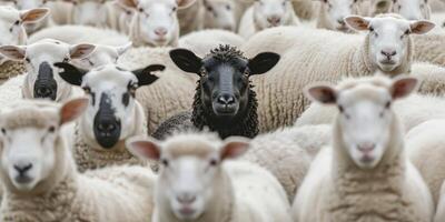 ai generado en pie afuera. un rebaño de blanco oveja con uno negrita negro oveja en el centro, simbolizando individualidad y unicidad. foto