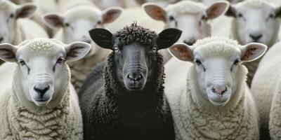 ai generado en pie afuera. un rebaño de blanco oveja con uno negrita negro oveja en el centro, simbolizando individualidad y unicidad. foto