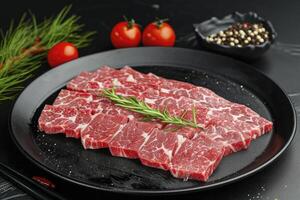 AI generated A black plate with beef cuts that have been sliced photo