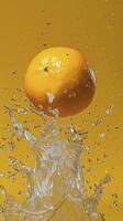 AI generated Orange fruit on the water isolated on yellow background photo