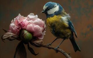 AI generated A Blue Tit Amid Peony Flowers photo