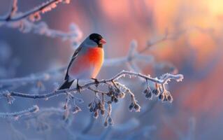 AI generated A Bullfinch Enduring the Brisk Cold, Perched Atop a Chilled Branch photo