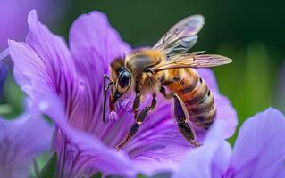 ai generado alto definición macro disparos de abejas a trabajo en flores foto