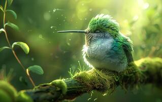 ai generado un colibrí pausar en un musgo adornado rama foto