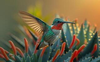 ai generado radiante rubí garganta colibrí constante cerca áloe plantas foto