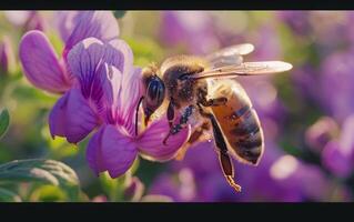 ai generado observando un abeja como eso reúne néctar desde pétalos foto