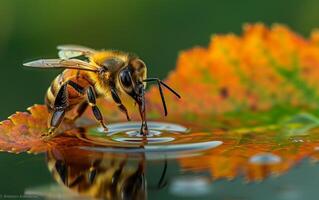 ai generado un abeja pausas en un hoja mediante macro fotografía foto