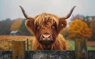 AI generated A Noble Highland Cow with Glossy Coat Peers Curiously photo