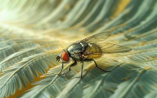 ai generado un agudo macro instantánea de un mosca doméstica diligentemente ordenar sus ala rodeado por Fresco verde vegetación foto