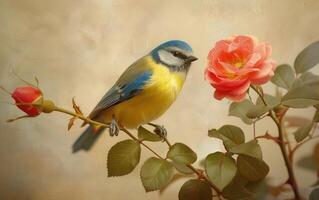 AI generated A delightful Blue Tit rests inquisitively on a flowering rose limb photo