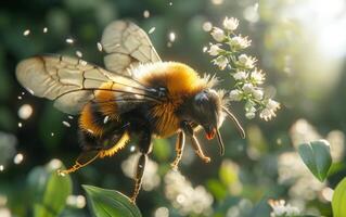 ai generado medio vuelo, un abeja perdura cerca un reunión de oferta blanco flores foto