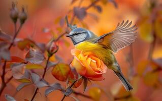 AI generated Amid peach hued roses, a Blue Tit bird exhibits its vibrant and elegant flight photo