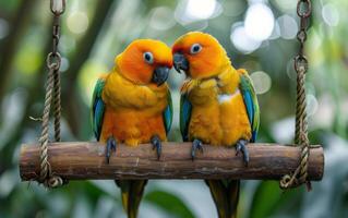 AI generated Photograph Depicts Pair of Sun Conures Cozied Up on a Swing photo