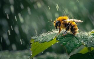 AI generated A Detailed Macro Capture of a Bee Hanging from a Leaf Underbelly photo