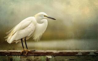 ai generado un detallado instantánea de un digno blanco ibis estacionado en un antiguo de madera barandilla foto