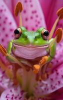 ai generado intenso naranja floral abrazo de un cucú verde rana foto