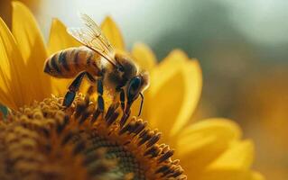 AI generated A bumblebee collects pollen from a vivid sunflower blossom photo