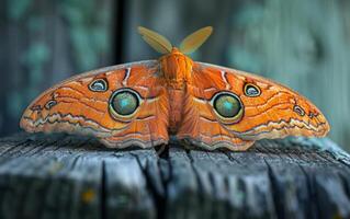 AI generated A mesmerizing rusty red moth, its wings decorated with eye catching eye patterns photo