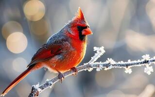 ai generado un radiante cardenal perchas en un rama cubierto en escarcha foto