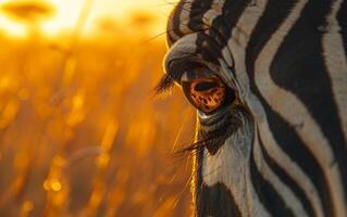 AI generated Zebra Eye Reflecting Sunset Golden Light photo