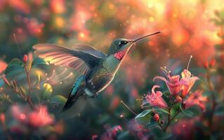 ai generado colibrí entre flores foto