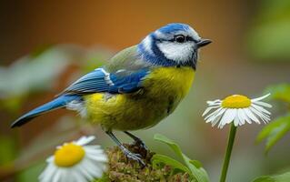 AI generated A Scene of White Daisies with a Blue Tit Perched photo