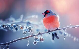 AI generated A Bullfinch Facing the Biting Chill, Positioned on a Frosted Branch photo