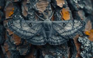 ai generado detallado perspectiva de un polilla fusión con árbol ladrar foto