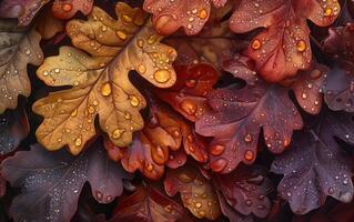 AI generated Macro Photography of Oak Leaves and Dewdrops photo