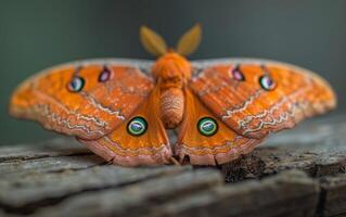 AI generated A mesmerizing rusty red moth, its wings decorated with eye catching eye patterns photo