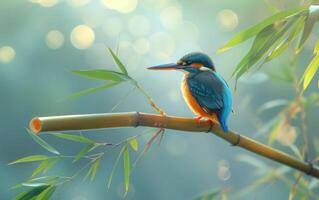 AI generated An Alert Kingfisher Resting on a Bamboo Rod photo