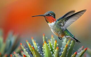 AI generated Brilliant Ruby Throated Hummingbird Soaring Above Aloe Botanicals photo