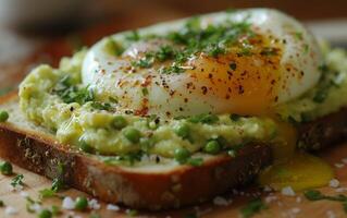 AI generated Indulge in a Delectable Avocado Toast Accompanied by a Soft-Boiled Egg and Chive Accents photo