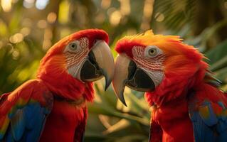 AI generated Lush Greenery Enhanced by Intimately Perched Scarlet Macaws photo