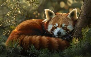 ai generado un rojo panda disfruta un tranquilo sueño, anidado dentro el lozano pino agujas foto