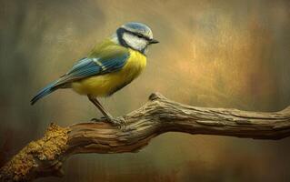 AI generated A Captivating Blue Tit Bird on a Contorted Branch photo