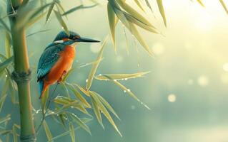 AI generated An Alert Kingfisher Resting on a Bamboo Rod photo