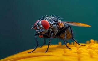ai generado detallado perspectiva de un mosca doméstica en un amarillo floral antecedentes foto