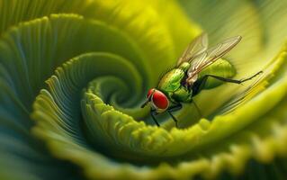 ai generado un mosca doméstica perdura en el espiral de un vibrante verde helecho foto