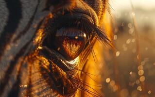 AI generated Close Up View of a Zebra Eye Capturing the Golden Sunset photo