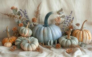 AI generated Eucalyptus and Pastel Pumpkin Autumn Display photo