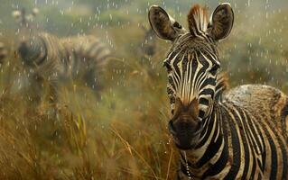 ai generado un cebra mantiene reloj en el lluvioso africano paisaje foto