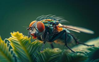 AI generated A housefly lingers on the spiral of a vibrant green fern photo