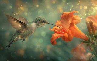 AI generated Hummingbird Sipping Nectar from Orange Blossom photo