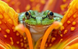 ai generado verde rana macro momento dentro el ardiente matices de naranja flor pétalos foto