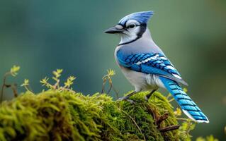 ai generado azul arrendajo anidado en Fresco musgo foto