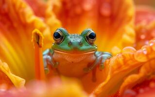 ai generado macro imagen de un rana en verde oculto dentro fuego de colores flor pétalos foto