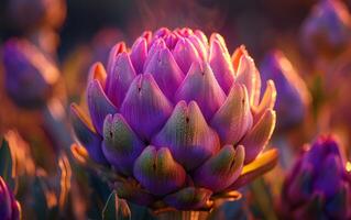 AI generated A Magnified Image Showcasing a Blooming Artichoke photo