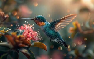 ai generado colibrí reunión néctar desde un rosado pétalo foto