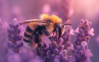 ai generado un abeja suavemente recoge néctar desde lavanda flores foto